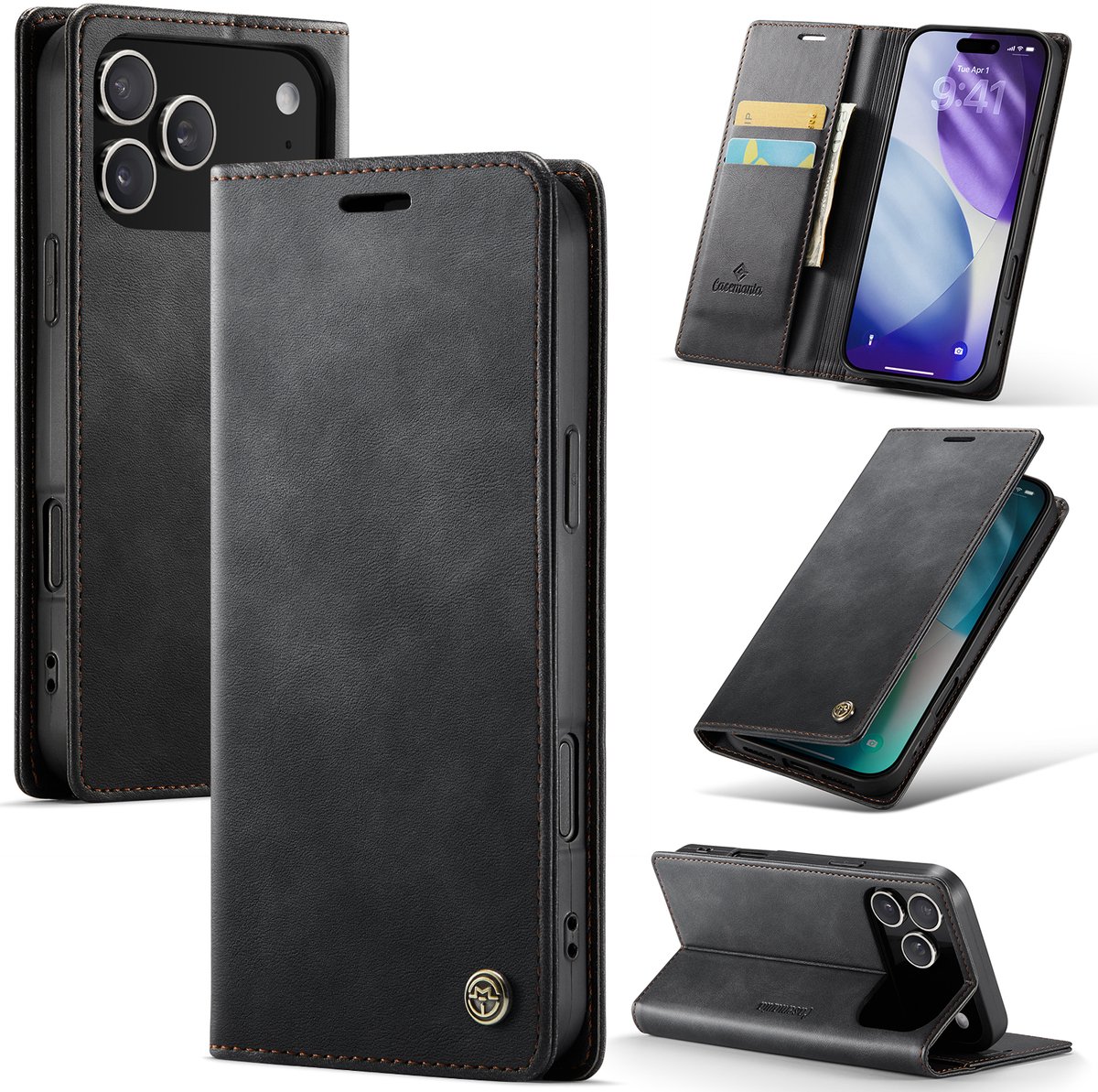 Casemania Hoesje Geschikt voor Apple iPhone 18 Pro - Charcoal Gray - Luxe Kunstleer Dunne Telefoonhoesje met Pasjeshouder en Standaardfunctie - Slim Wallet Case - Zwart