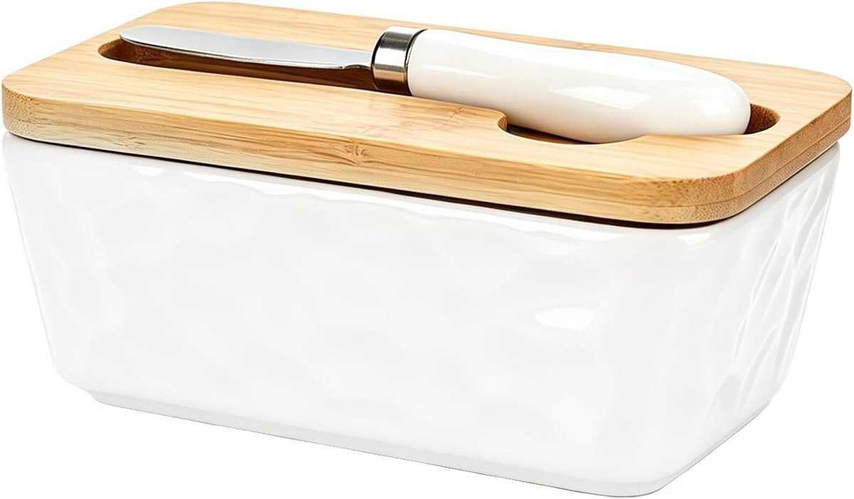 Botervloot van keramiek, botervloot met houten deksel en botermes, grote botervloot, 350-600 ml, multifunctionele verzegelde boter, kaas blijft vers, boterbel van keramiek voor keukencontainer (05-600