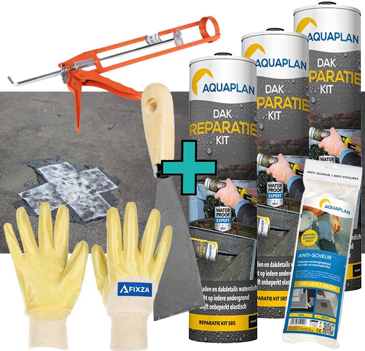 Aquaplan Dak-Reparatie - set -Kit – Waterdichte Elastische Dakreparatie Pasta voor Bitumen Dak en Dakgoot - 930 ml