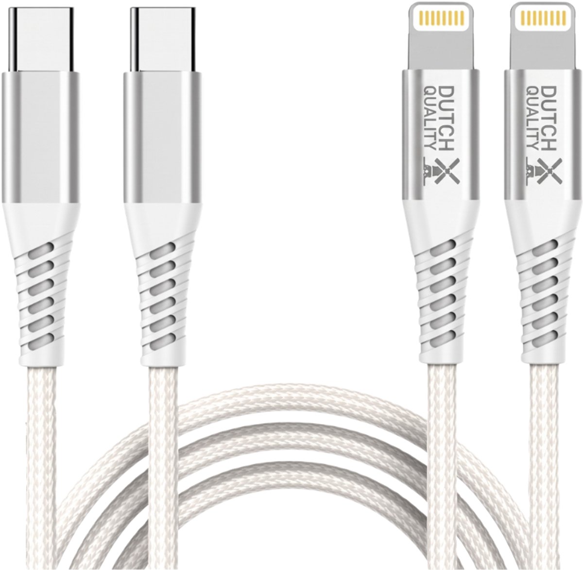 Dutch Quality® 2x 1 meter stevige nylon oplaadkabel geschikt voor Apple iPhone 14/13/12/10/9/8/7/6 - USB-C 2 Meter - USB-C naar Lightning Laadkabel - Wit – Premium Oplaadset - Oplader kabel (2-pack)