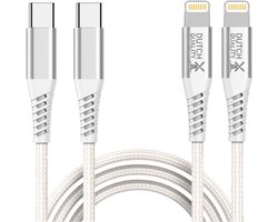 Dutch Quality® 2x 1 meter stevige nylon oplaadkabel geschikt voor Apple iPhone 14/13/12/10/9/8/7/6 - USB-C 2 Meter - USB-C naar Lightning Laadkabel - Wit – Premium Oplaadset - Oplader kabel (2-pack)