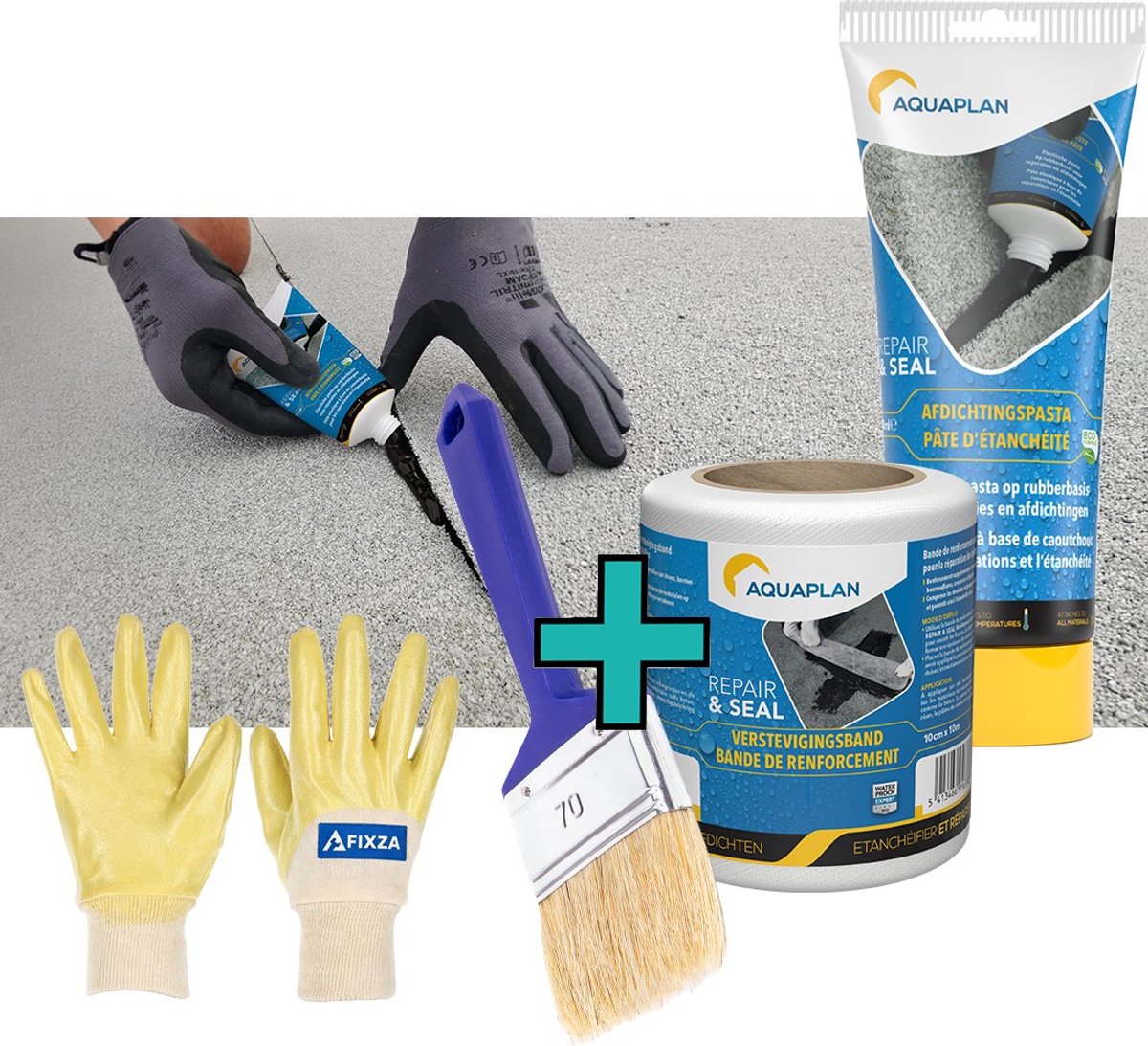 Aquaplan Afdichtingspasta – set – Elastische Pasta op Rubberbasis voor Reparaties en Waterdichte Afdichtingen + Repair & Seal Verstevigingsband – 150 ml