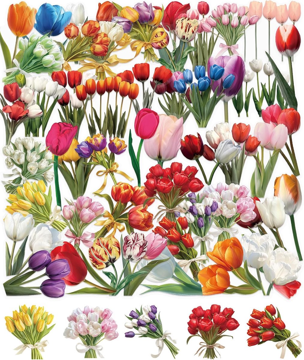 50 Stuk Transparante Tulpen Bloemen Plakjes, Natuurlijke Bloem Waterdichte Plakjes voor Meisjes Kinderen Volwassenen Laptop Waterfles Koffer Computer Scrapbook Skateboard Telefoon Auto Bagage