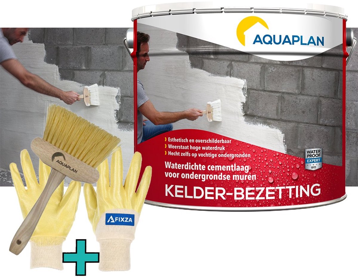 Aquaplan Kelder-Bezetting – set – Waterdichte Cementcoating voor Keldermuren – Bestand tegen Waterdruk – Voor Vochtige Ondergronden 10 kg
