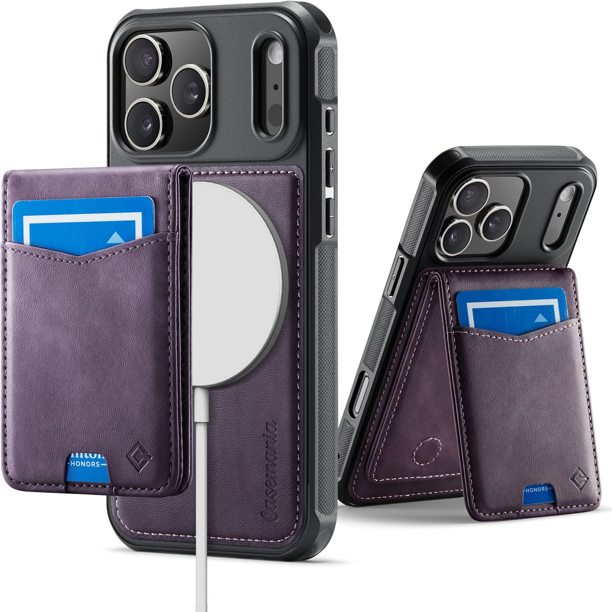 Casemania Hoesje Geschikt voor Apple iPhone 18 Pro - Dark Purple - Geschikt voor MagSafe - Back Cover met Afneembare Magnetische Pasjeshouder met Standaard - Telefoonhoesje en Kaarthouder