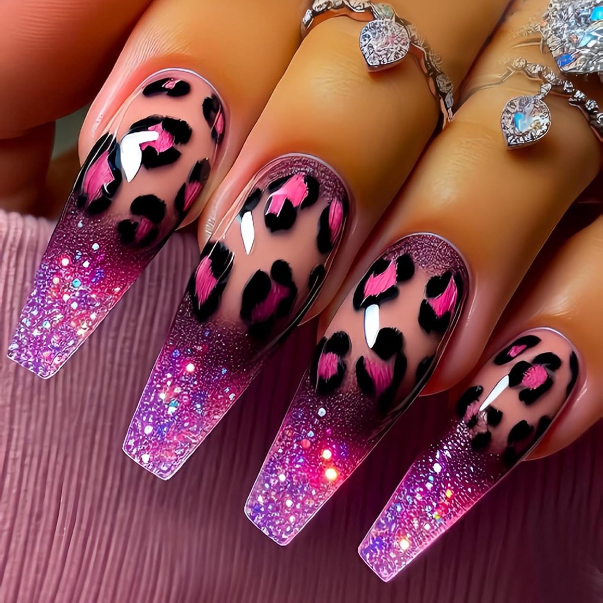 24 stuks press-on nagels, Frans, Sarg nagels om op te plakken, extra lang, paars luipaardpatroon, kunstnagels, glitter, acryl, full cover, vingernagels om op te plakken, voor vrouwen en meisjes