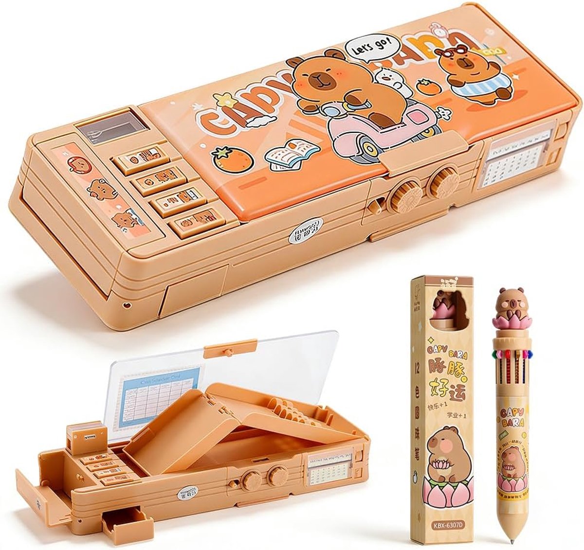 Pennenetui, balpennenset met sleutelhanger, 2-in-1 zachte siliconen pennenetui, kawaii-dierenpennenhouder en tafelopslag voor school en kantoor, bruin, 26,5 × 8,6 × 3,5 cm