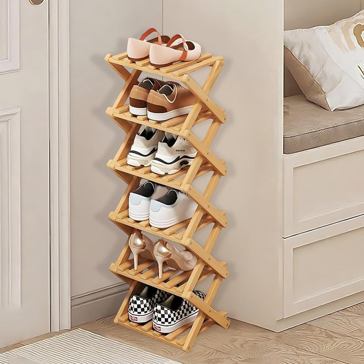 Smal schoenenrek van bamboe - 6-laags, verticaal en opvouwbaar - Stevig houten X-frame voor ruimtebesparende opslag - Voor hal, entree, hoek en slaapkamer, 28 x 25 cm
