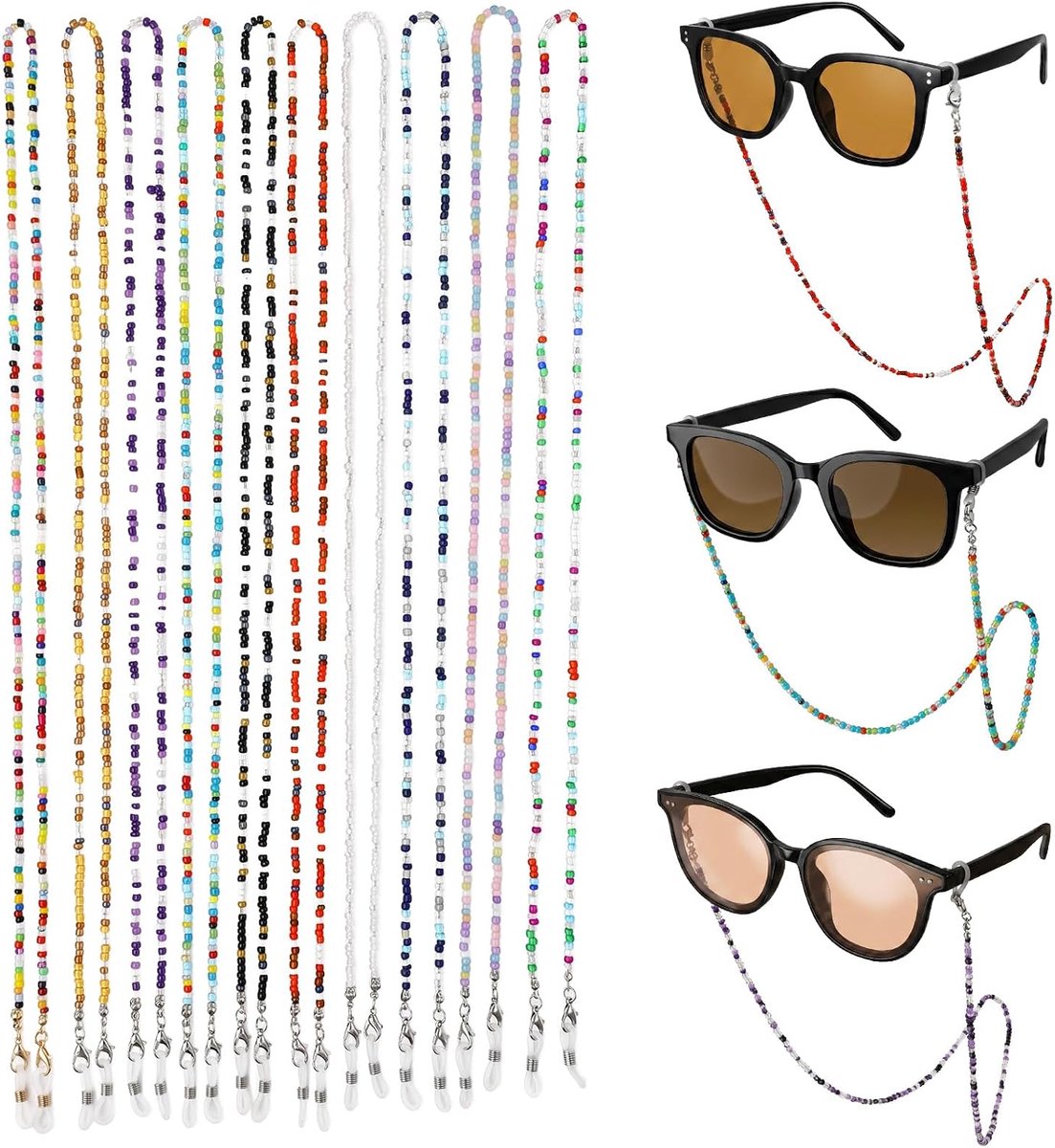 10 stuks brillenketting dames kralen kleurrijke brillenband dames | Elegante brilketting, verstelbare brilaccessoires, antislip, decoratief voor zonnebril, leesbril, masker