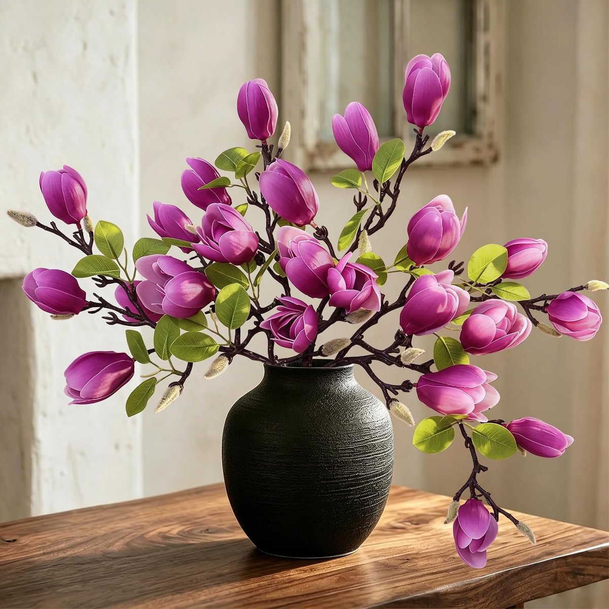 Kunstbloemen 6 stuks witte kunstmagnoliabloemen, realistische kunstbloemen, takken met knoppen, 66 cm lange stelen, kunstmagnolia van zijde, geschikt voor hoge vazen, woondecoratie (6, Paars)