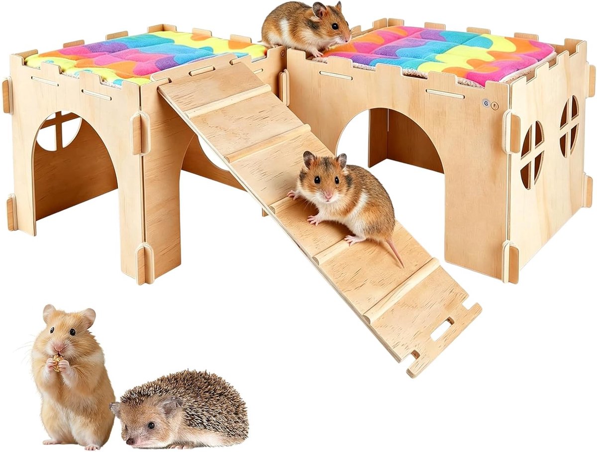 cavia-verstopplaats van hout, hamsterhuis met helling, konijnenhuis voor kleine dieren, afneembare schuilplaatsen voor kleine huisdieren, konijnen, dwerghamsters, chinchilla-leefruimte