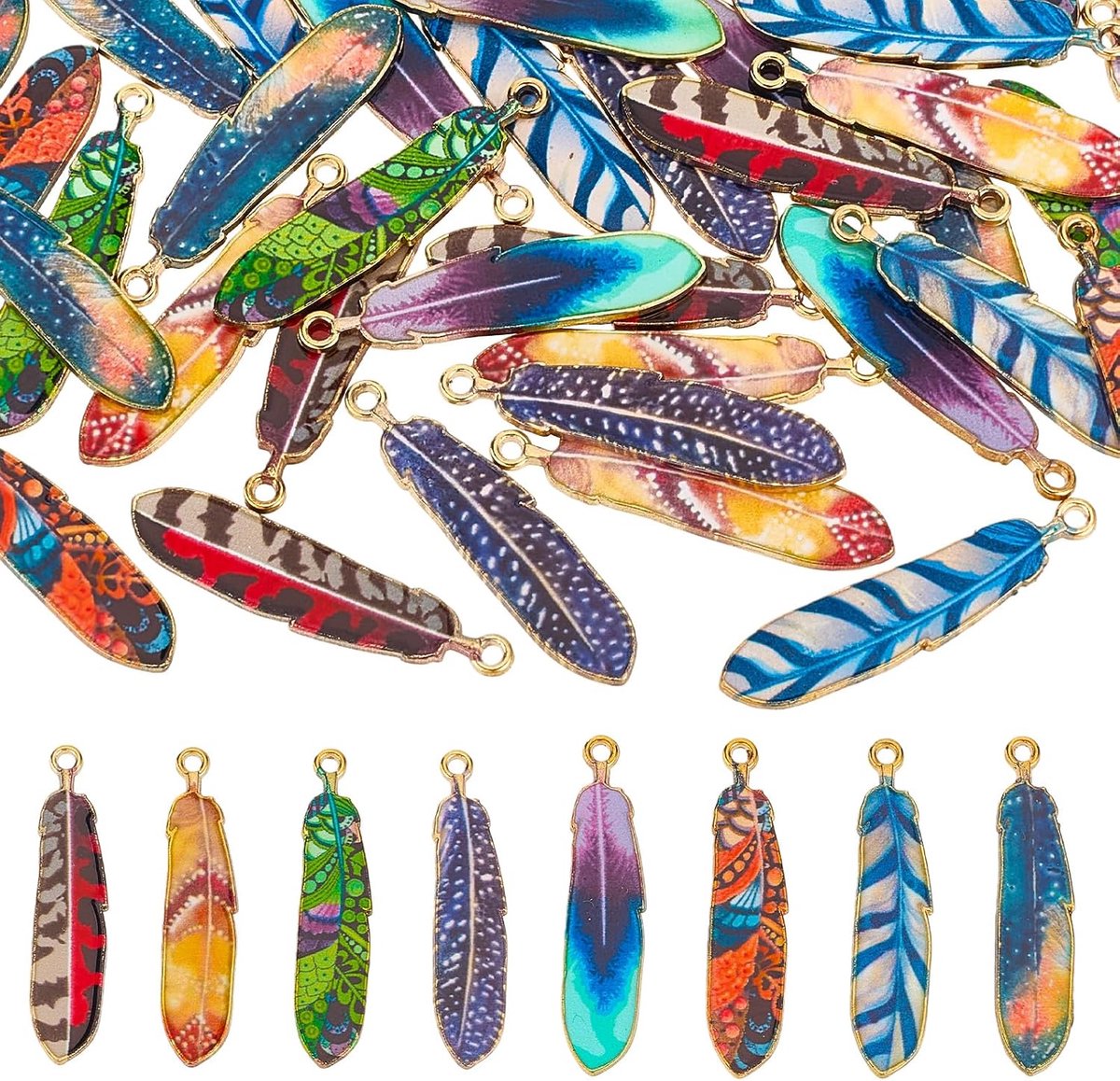 40 stuks veerhangers, 8 stijlen, emaille vleugelhangers in Boheemse stijl, meerkleurig, vintage, legering, vogelveerhangers, veerhangers om zelf sieraden te maken