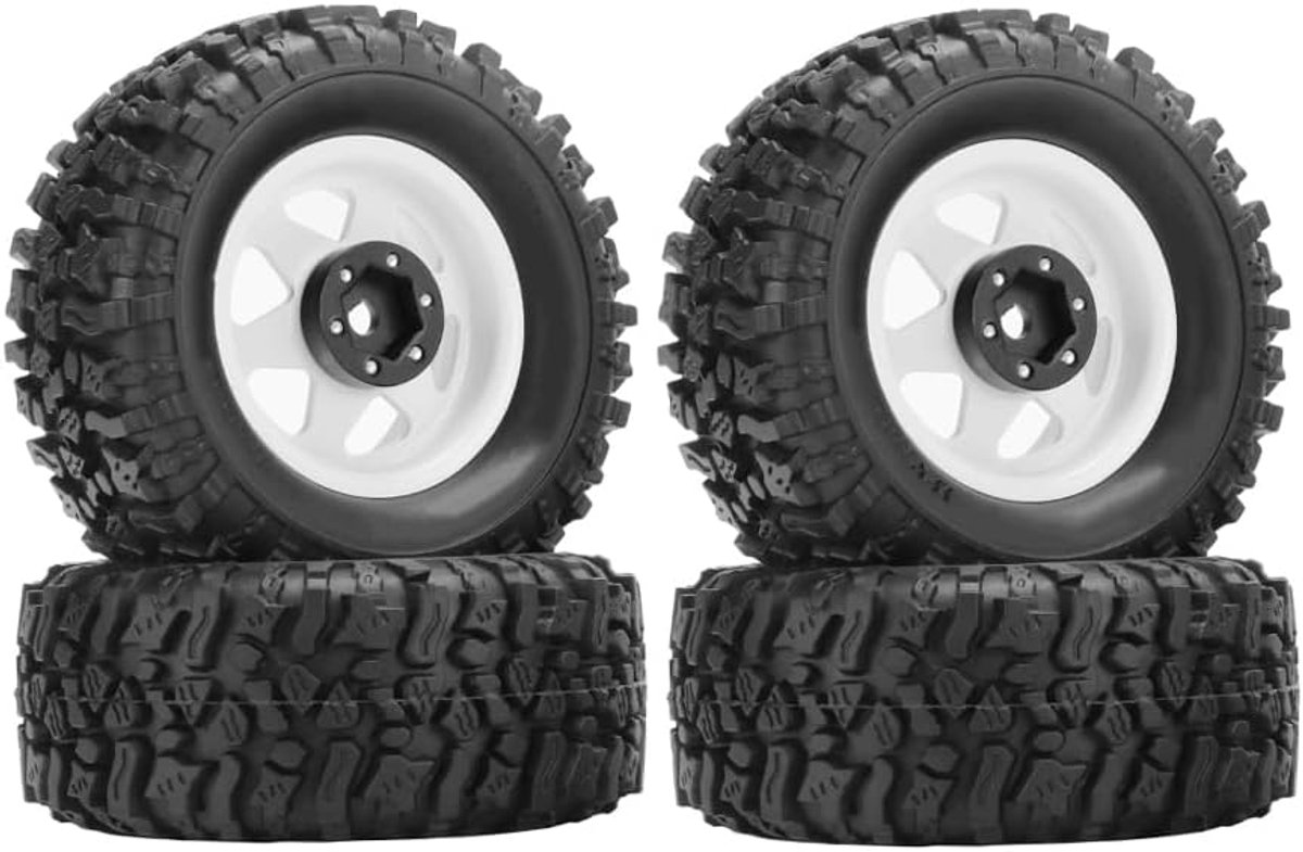 4 stuks 1,9 inch negatieve offset, 8,9 mm Beadlock wielvelg en 90 mm rubberen banden voor 1/10 RC Rock Crawler Truck Auto voor Axial SCX10 90046 UTB18 D90 TRX4 1/12 MJX H12Y H12P (6Spoke wit)