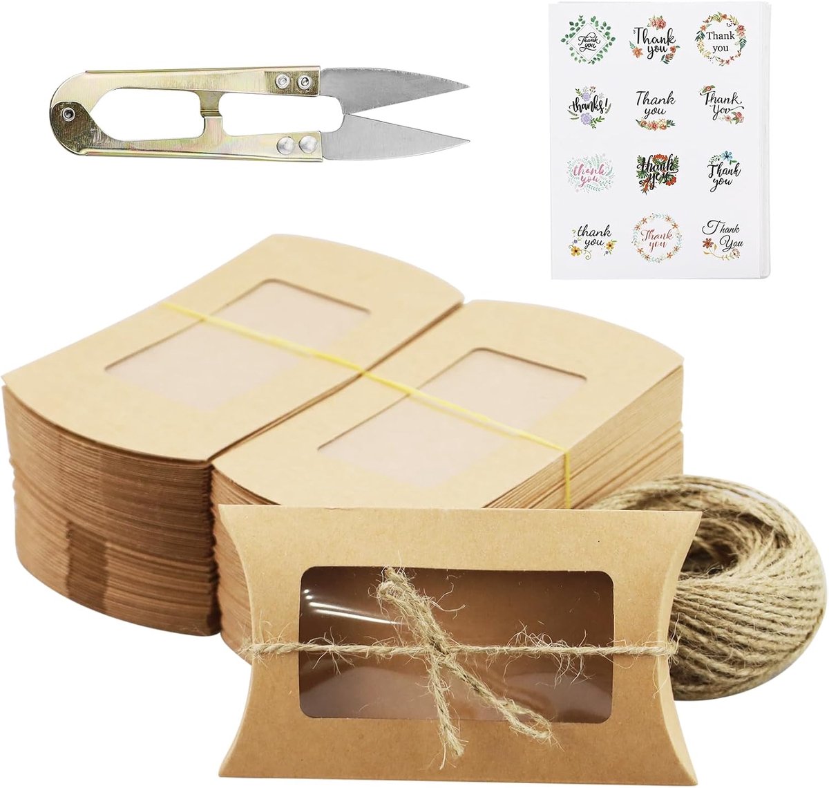 Dailygoods- Geschenkdozen 50PCS - Kussendozen met Deksel - Kraftpapier - Eenvoudige Montage - Jute Koord - Bruin - Voor Verjaardag/Jubileum - Cadeaudo