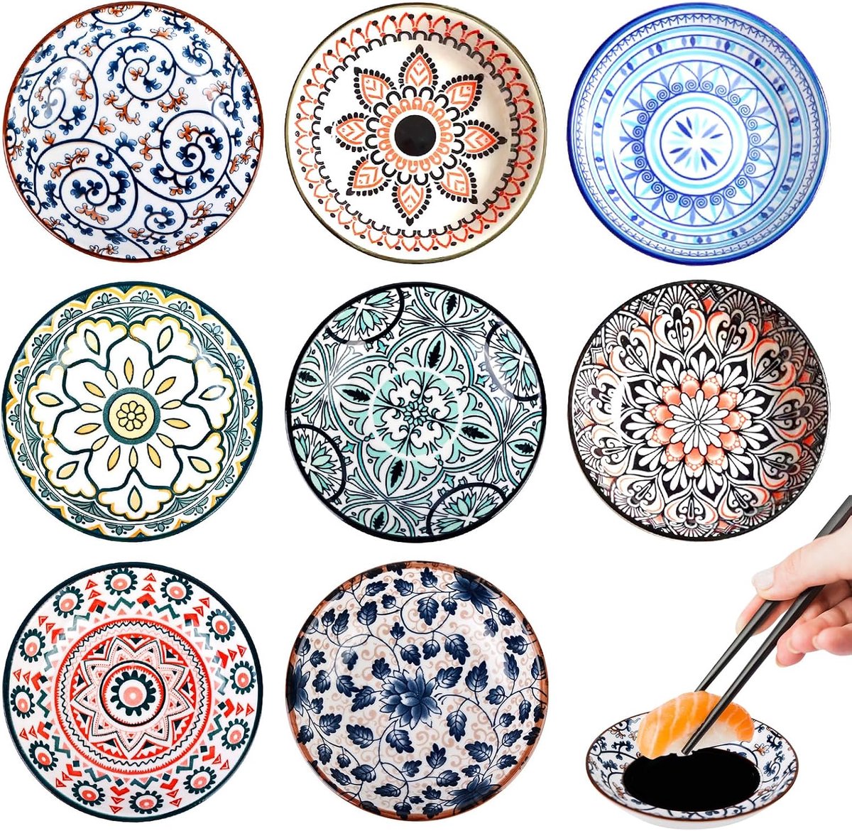 Set van 8 keramische kommen voor dips en specerijen, hittebestendig porseleinen dipschalen, perfect voor snacks, desserts en bijgerechten (Ø 10 cm, veelkleurig)
