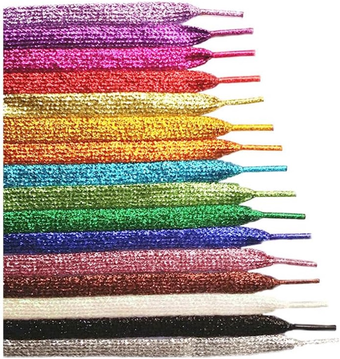 15 paar 110 cm glitter platte veters, kleurrijke glinsterende schoenveters, bling metallic vervangende schoenveters, scheurvast, platte schoenveters voor volwassenen en kinderen, sneakers,