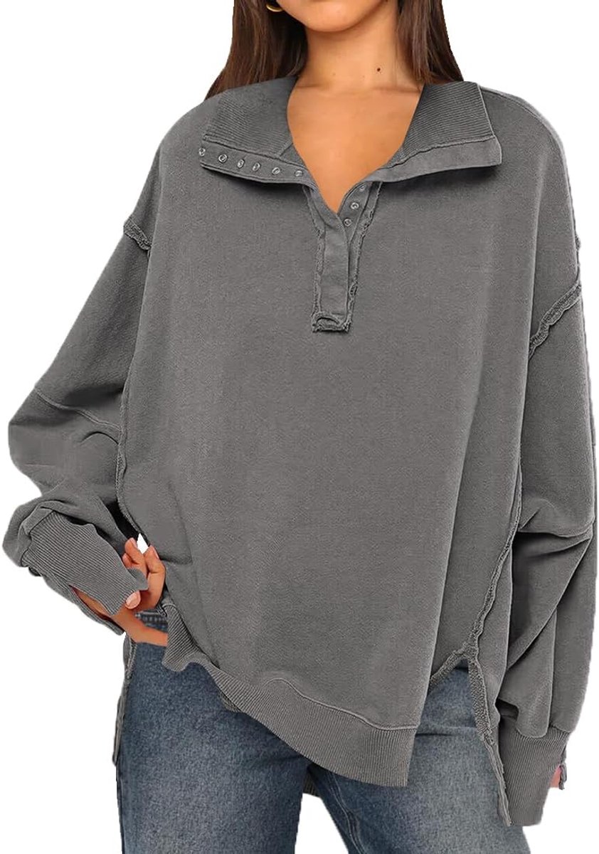 Sweatshirt voor dames, patchwork, grote V-hals, met knopen, trui, vintage, grote maat, sweatshirt, dames, zonder capuchon, rolkraag, lange mouwen, sweatshirt, oversized, dames, casual,