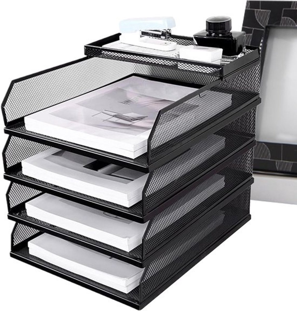 Bestandsrek - Papier Organizer Bureau - Documenten Sorteren - Ademend Metalen Mesh - 18x27x18 cm - Zwart