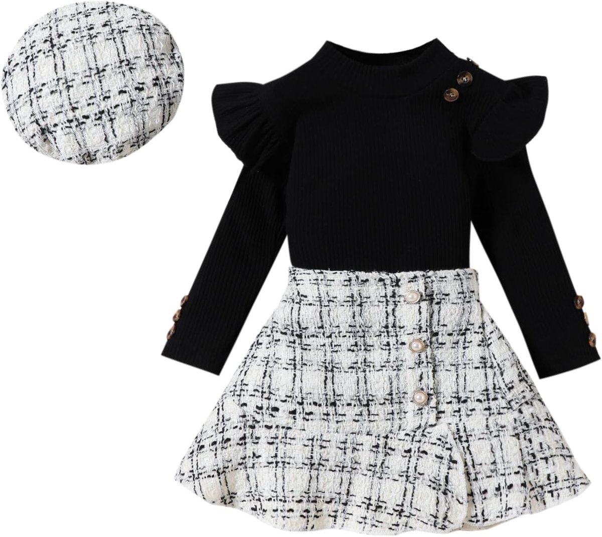 Kleding voor peuters, babymeisjes, lange mouwen, geribbelde bovenstukken, plaid tweed patroon, rok, baskenmuts, herfst, knoop, outfits