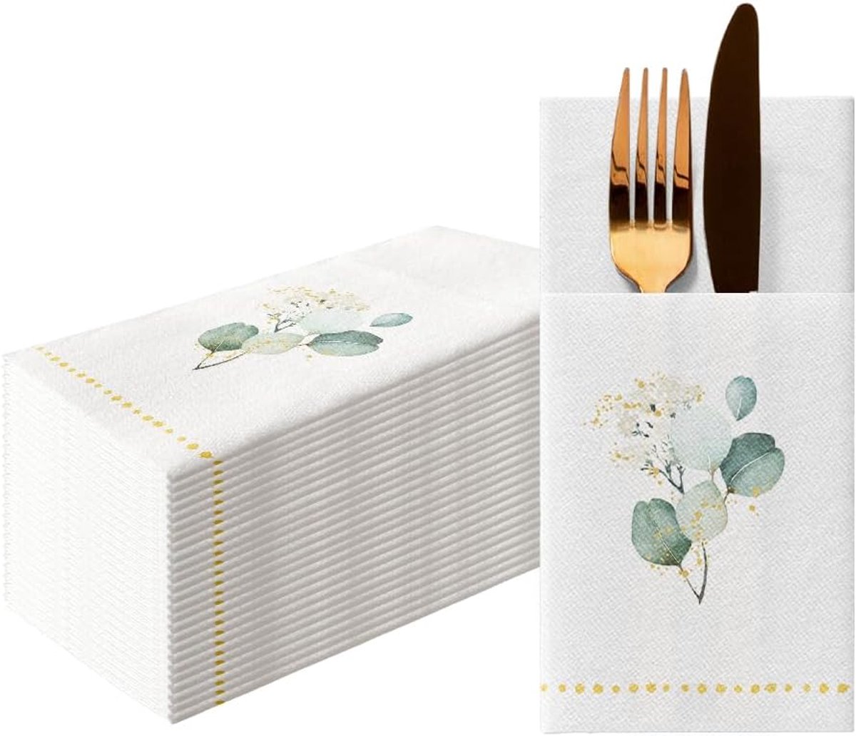 Bestekservetten Stoffen 1/8-vouw, 25 stuks - Gouden Eucalyptus
