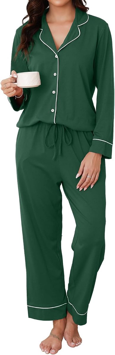 Pyjamaset Met Knoopjes, Lange V-Hals Tweedelig Lange Loungewear Huispak Pyjama Comfortabele Top En Pyjamabroek