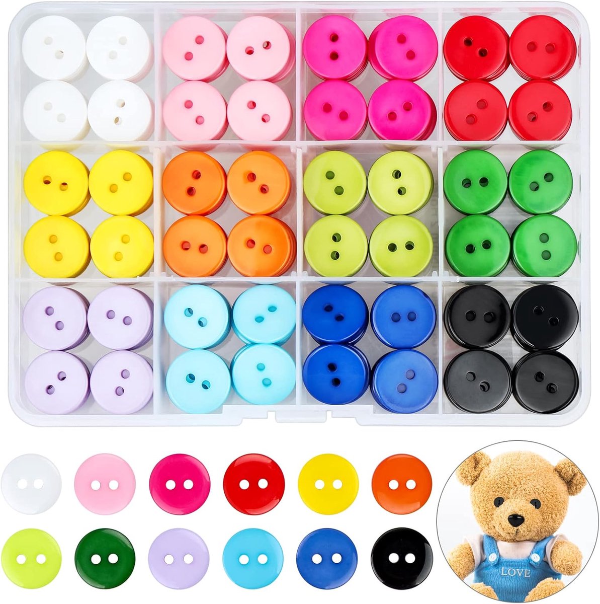 Knopen 15 mm 2-Gaats Harsknopen Ronde Knopen met Opbergdoos voor Naaien Kinderen DIY Craft Scrapbooking en Decoreren, 12 Kleuren