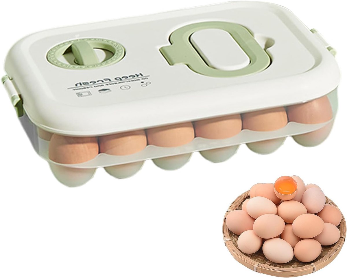 eierhouder voor koelkast, met timer, koelkastorganizer, eieren, 24 vakken, eierhouder, kunststof eierhouder met deksel, geschikt voor keuken, eettafel en kast.