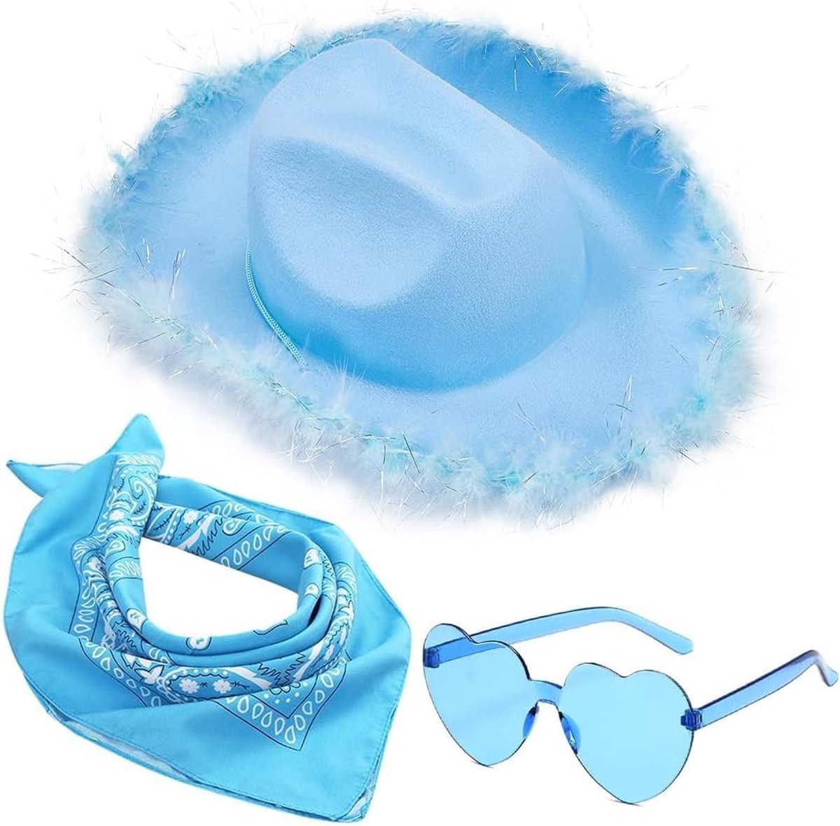 Cowboyhoeden voor vrouwen, pluizige cowboyhoed met verenrand, hartvormige zonnebril, bandana voor vakantie, kostuumfeest, spelen, verkleedpartij, Halloween cosplay