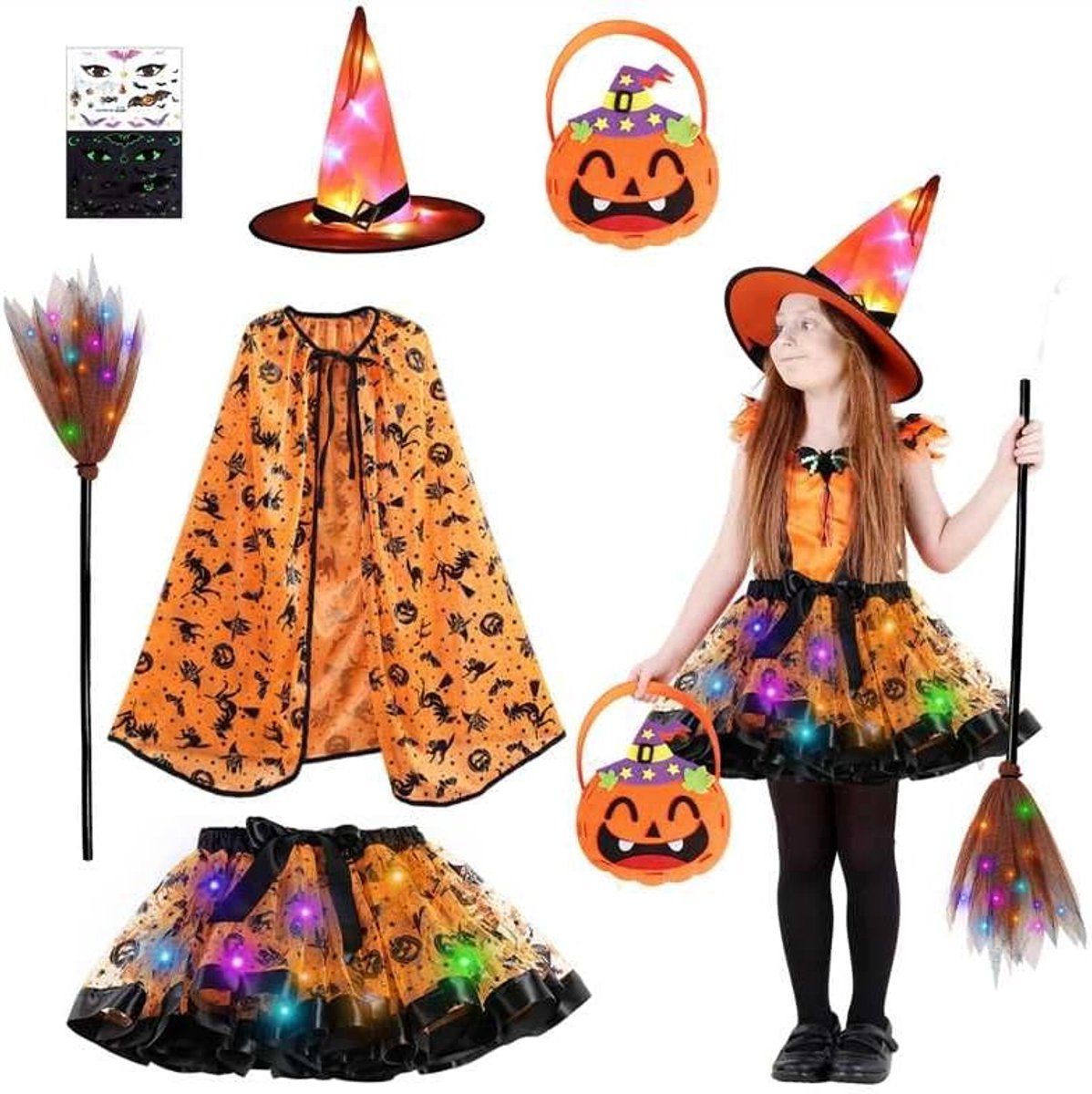 kostuum kinderen heksenkostuum met lichten meisjes heksen kostuum kinderen tovenaars verkleden cosplay kostuum set voor meisjes Halloween carnaval themafeest
