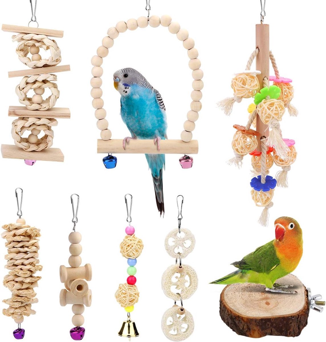 Speelgoed voor vogels, set van 8, houten ladder met landingsplaats, voor in de vogelkooi, accessoires voor parkieten, papegaaien, grijze papegaaien, valkparkieten, vinken, kaketoe‘s, ara‘s