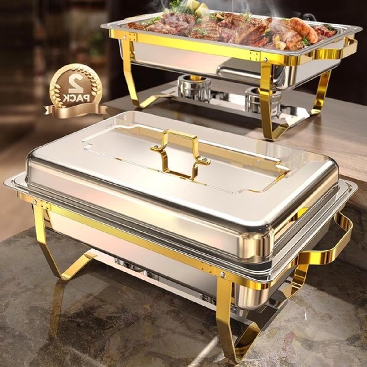 Buffet Warmers Set - Voedselhouders - Feesten Organiseren - Rolled Edge Tech - 2 x 9 Quarts - Goud en Zilver