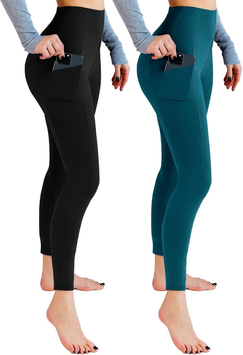 Leggings voor dames, hoge taille, ondoorzichtige leggings met zakken voor work-out, sport, yoga, hardlopen, 2 stuks