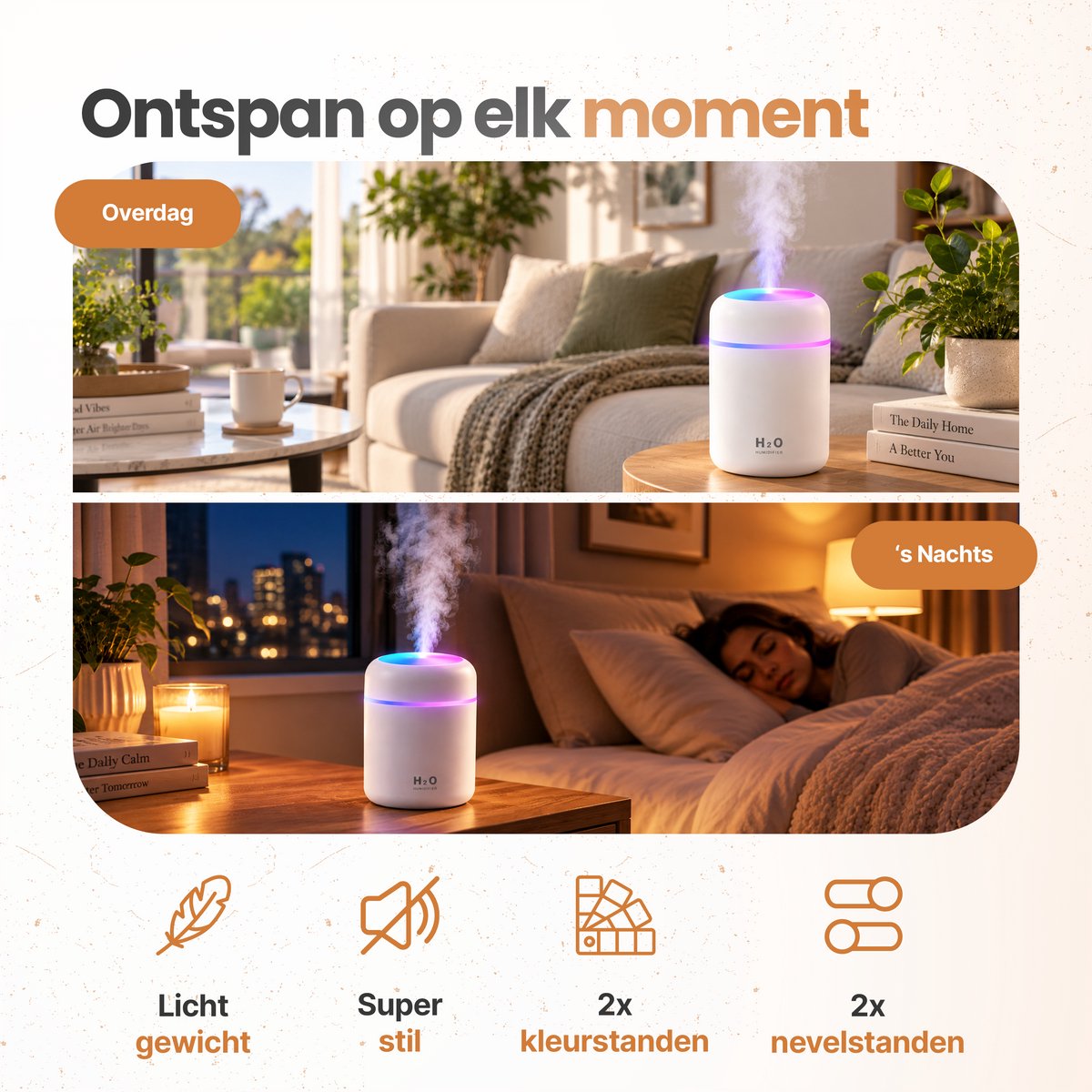 Rivello Aroma Diffuser - 300ML - Compact & Praktisch - Luchtbevochtiger Met Aromatherapie - Luchtreiniger - Incl. Led Verlichting - Slaapkamer - Wit — cadeau in Wonen & Interieur - foto 2
