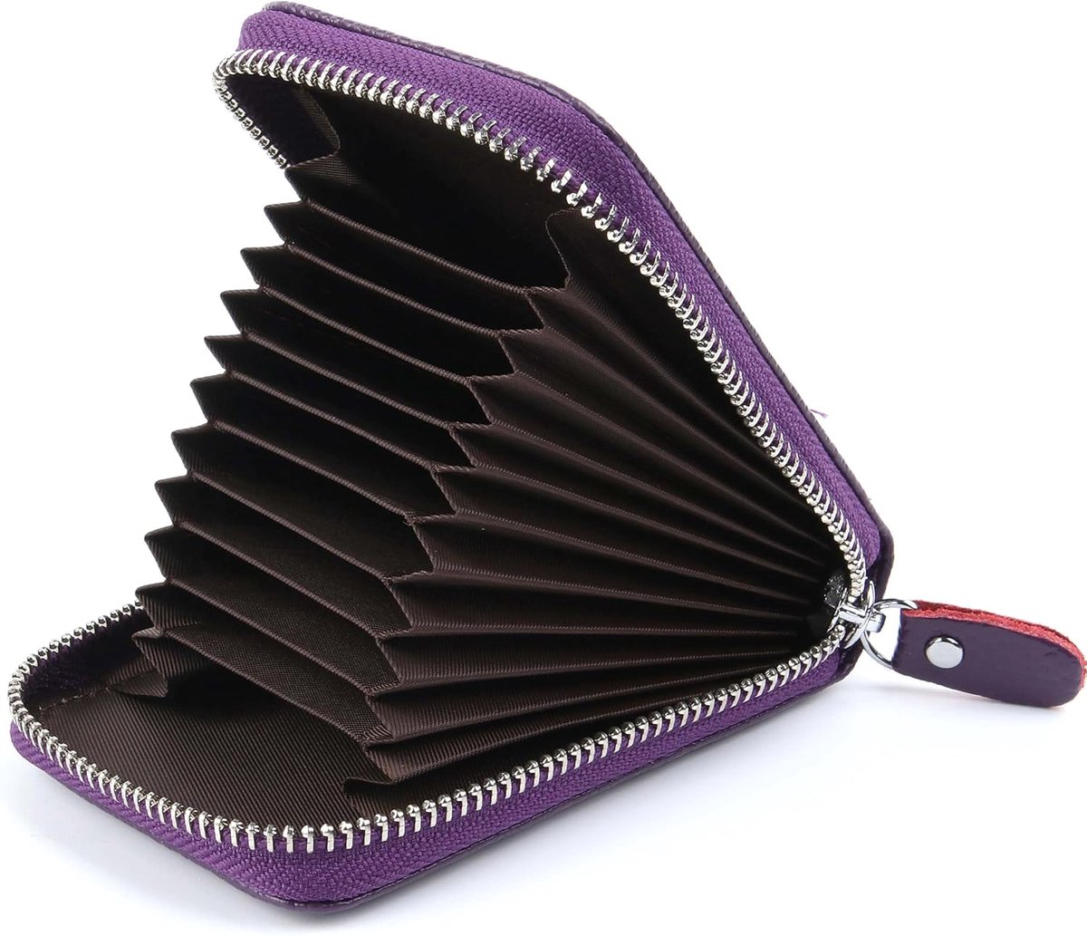 Creditcardhouder echt lederen accordeon kaarthouder kleine portemonnee voor vrouwen of mannen met rits, Paars, One Size, Klassiek