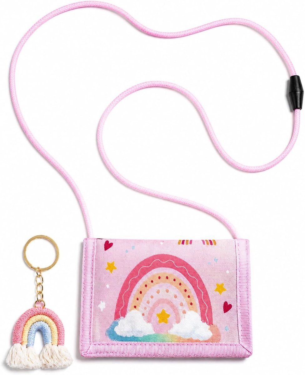 Portemonnee voor kinderen, regenboog, halsband, 1 portemonnee en 1 regenboogsleutelhanger, ideaal voor meisjes en jongens, cadeau voor de eerste schooldag