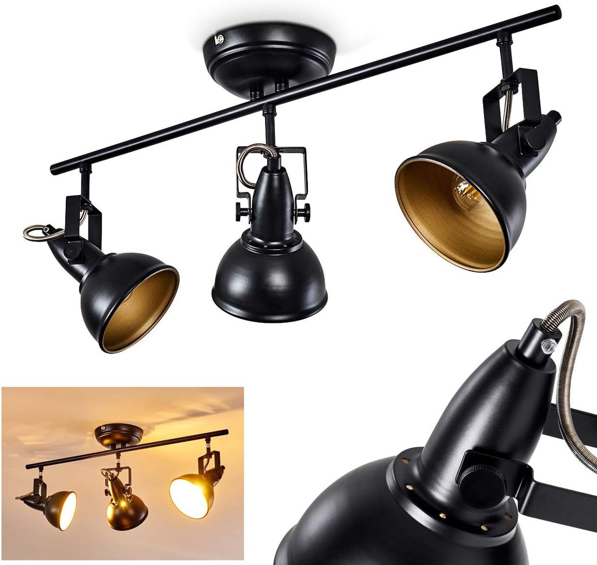 plafondlamp, metalen plafondlamp in zwart/goud, 3 lichten, met verstelbare spots, 3 x E14 fitting, retro/vintage design spot, zonder gloeilampen
