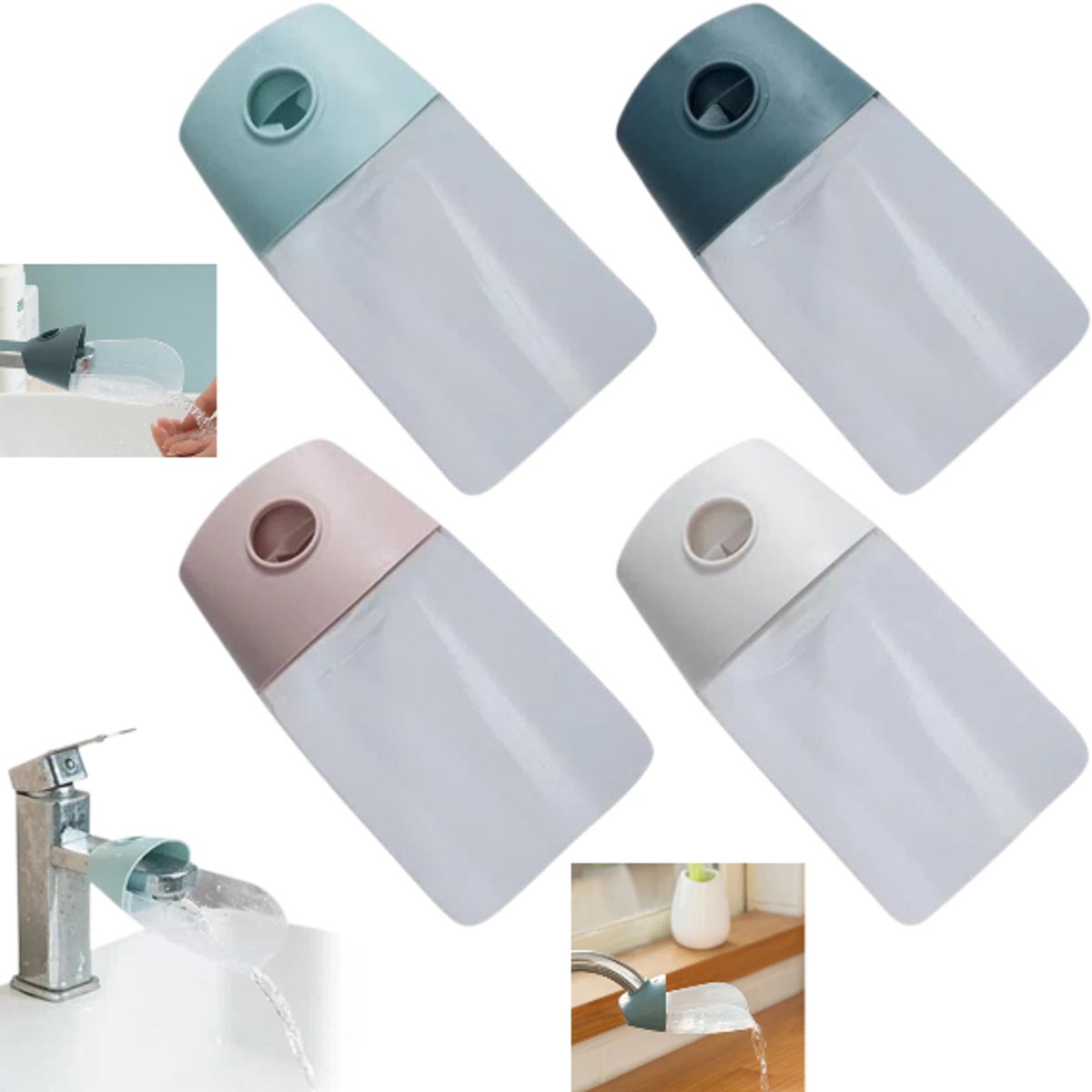 4-delige set – Kraanverlenger – Spatvrij hulpmiddel bij het handenwassen – Watergeleider voor baby's – Waterstroomverlenger – Verlengstuk voor kraanhendel –lichtroze, donkerblauw, beige, lichtgroen – 13,5 x 9 x 5 cm – Past op de meeste kranen