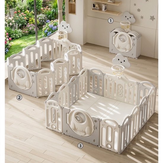 Kaëru Baby Speelbox – Kunststof Grondbox –150x150x63cm – Inklapbare Speelbox – Ruimte thema – Verstelbare Basketbalring – 12+2 Panelen – Veilig Kinderbox Playpen — afbeelding 2