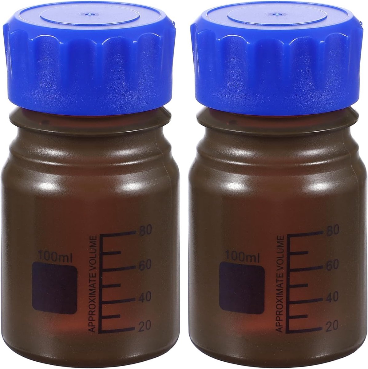 100 ml verdikte media opslagflessen, 2 stuks PP plastic afgestudeerde fles met blauwe schroefdop voor laboratorium waterreagensvloeistoffen, bruin (rond)