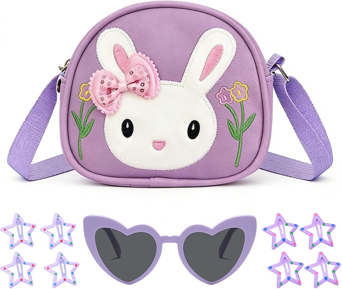Dailygoods- Handtas meisjes - Schoudertas konijntas - Verstelbare schouderriem - Zonnebril in hartvorm - 8 haarspelden - Driedimensionaal patroon