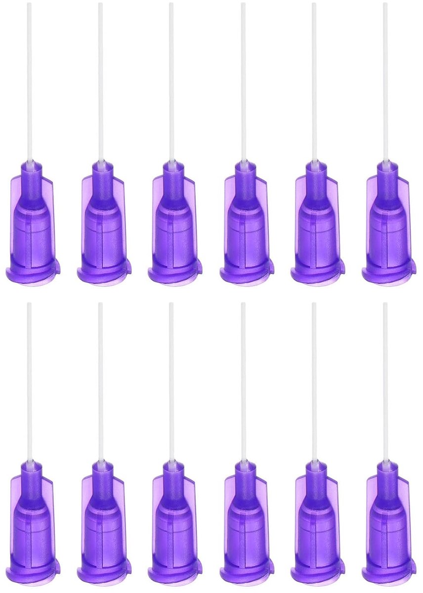 20 dispensernaalden van kunststof, 21 g, 2,5 cm (1 inch), PP, met Blunt Luer Lock-punt en flexibele naald van polypropyleen, donkerpaars