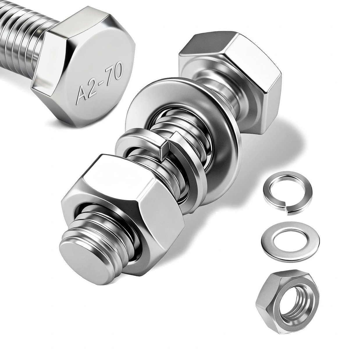 Zeskantschroeven en moeren, M8 x 20 mm, 20 stuks zeskantschroeven van roestvrij staal A2 V2A, DIN 933 bouten en moeren sluitringen set - voor machines, auto's, meubels, fietsen, motorfietsen