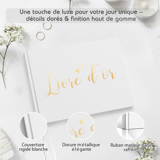 wit gastenboek voor bruiloft, verjaardag of doop - hardcover met gouden letters - geraffineerd notitieboek met 100 witte pagina's voor wensen en herinneringen — afbeelding 4