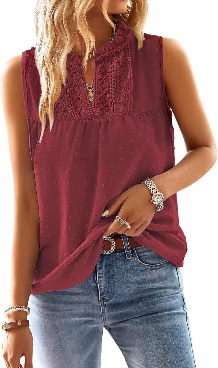 Tanktop Zomer Boho Bloes Mouwloos V-hals T-shirt Elegant Luchtig Casual Basic Outfit Kant
