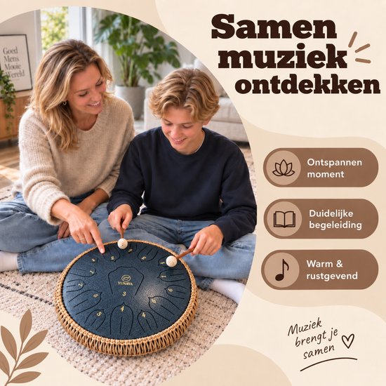 Yunava Handpan - 36 cm ø - Donker Blauw - Steel Tongue Drum - Hand Klankschaal incl. Lesboek & Beschermtas - Hangdrum — afbeelding 5