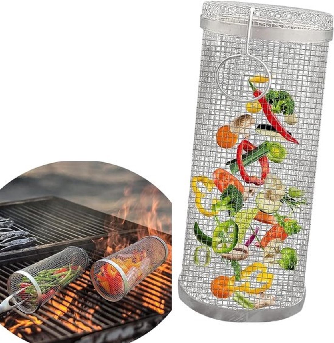 Grillmand Cilinder - Rolmand BBQ - Groenten Grillen - Roestvrij Staal - 30 cm - Zilver