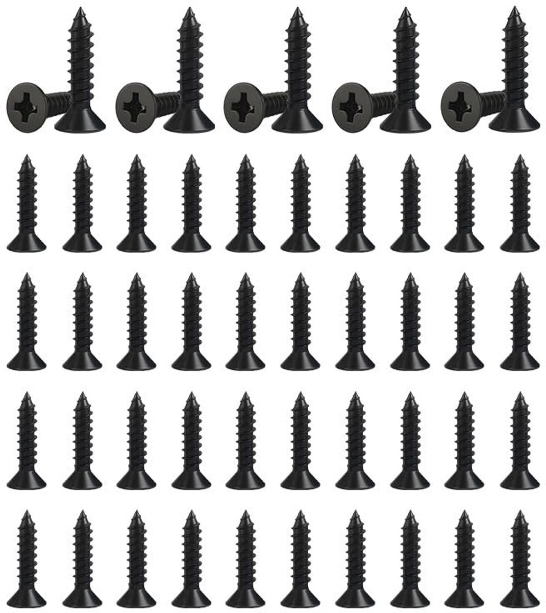 50 stuks zwarte zelftappende schroeven, assortiment M3 x 6/10/12/16/20 mm, Phillips met platte kop van roestvrij staal 304, verzinkt voor hout, gipsplaat, metaal, kunststof, meubels