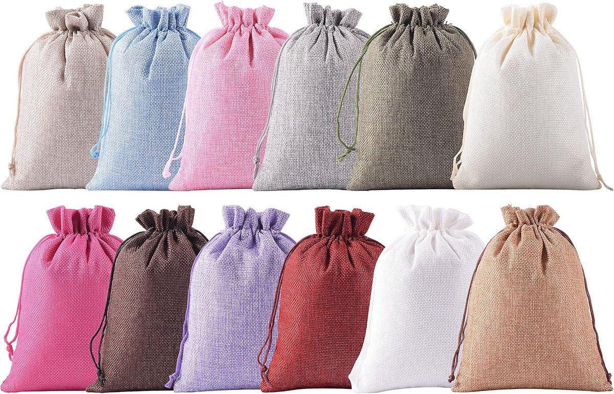 Jute geschenkzakjes met trekkoord, 20 stuks gemengd 13 x 18 cm, sieradenzakjes, feestartikelen