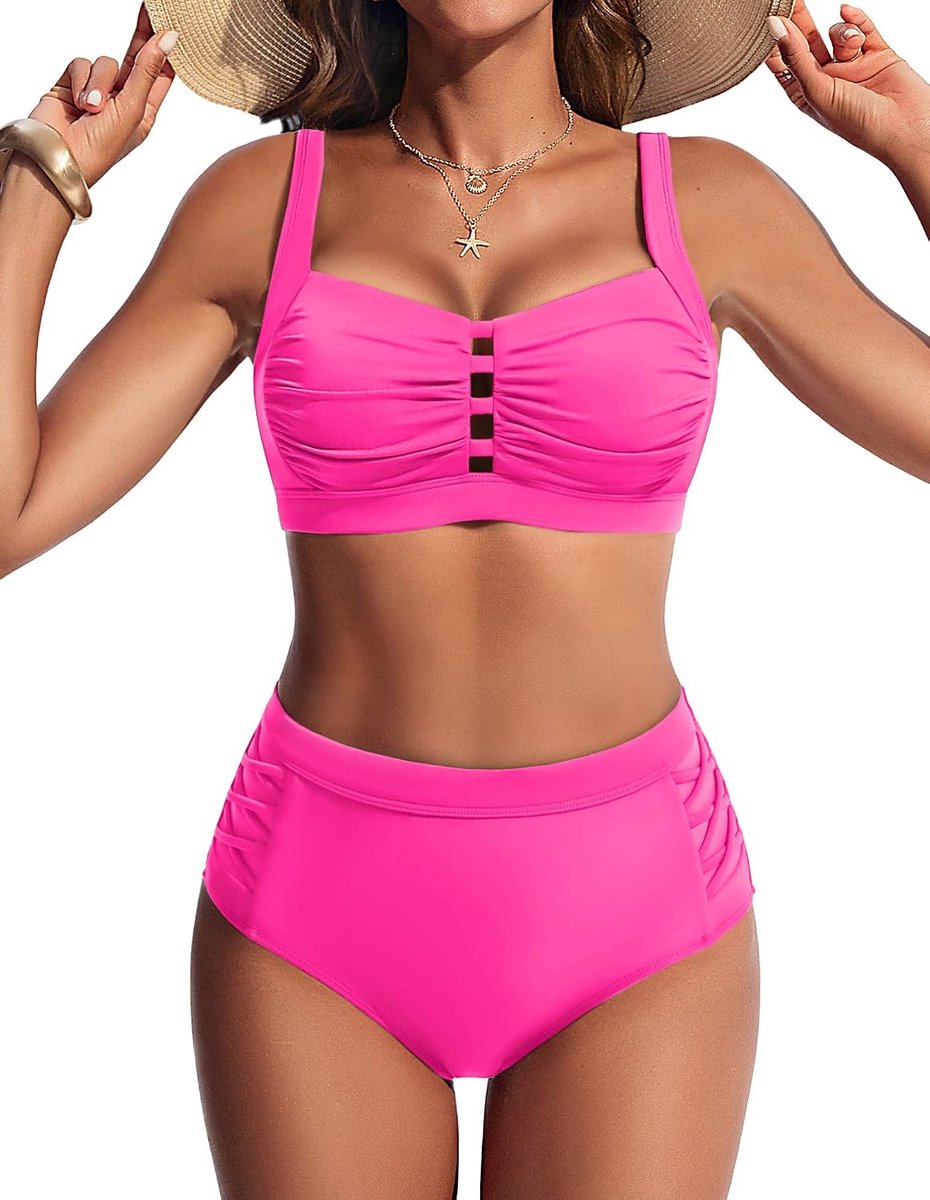 Bikiniset voor dames, hoge taille, buikcontrole, badpak, push-up tweedelig badpak, buste-uitsnijding, sexy bikini's, geplooid, elegante strandkleding, badpak met verstelbare gekruiste bandjes aan de