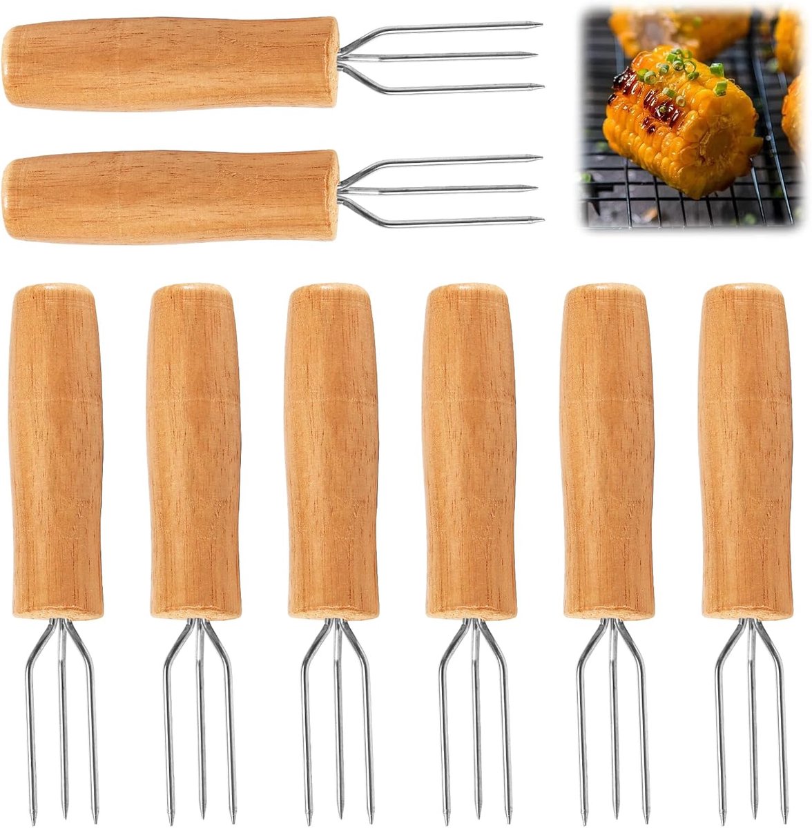8 stuks schilaardappelvorken met 3 roestvrijstalen tanden, hoogwaardige chocoladevork, aardappelvork van hout, herbruikbare maïsspiesjes, pelaardappelset voor groenten, maïskolven en